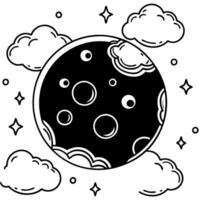 Amazing scenery of white glowing moon with craters in black sky with clouds at night vector