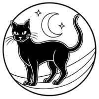 Black cat on the background of the moon in the style of drawing or illustration as symbol of superstition. vector