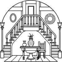 A table topped with lots of different types of objects. AI . Dark academia style. victorian style mansion interior design with wooden stairs. vector