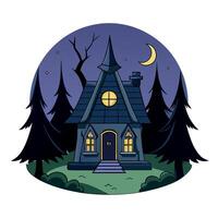 Beautiful and atmospheric illustration with spooky witch house. Night forest. horror mood. Empty space for character. Cinematic. volumetric light. realistic environment made with vector