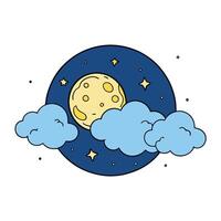 Beautiful realistic flight over cumulus lush clouds in the night moonlight. A large full moon shines brightly on a deep starry night. vector