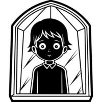 Alone in the Dark. A Creepy Silhouette of a Child Behind Glass with a Horrifying Background. vector