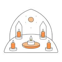 A minimalist meditation space with candles as the focal point. a serene area where one can unwind and find inner peace through meditation. all bathed in the gentle light of candles. vector
