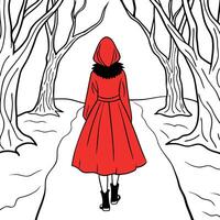 A girl wearing a red cloak and walking in the gloomy forest path.Back view.Little red riding hood tale story concept.Created with vector