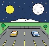 A parking lot is empty at night with a full moon in the sky vector