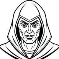 A frightening figure wearing a hood with sinister eyes and an empty face looking towards the camera. silhouette concept vector