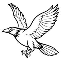 A black crow is flying in the air with its wings spread wide isolated on white or transparent background. clipart. design element. Easy to place on any other background. vector