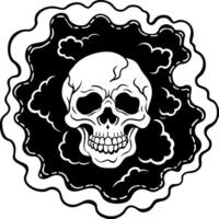 A painting of a skull surrounded by smoke and skulls on a black background with a white smoke cloud in the middle of the image. vector
