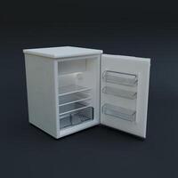 A small refrigerator with its door open on a black background photo