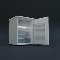 A small refrigerator with its door open on a black background photo