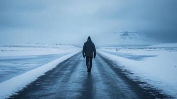 Man walking on a snowy road in a misty landscape. Concept of solitude, winter, and journey. photo