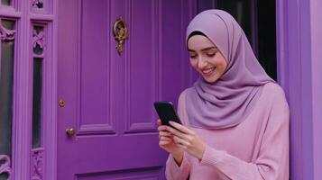 Hijab girl using mobile phone in front of purple door. photo