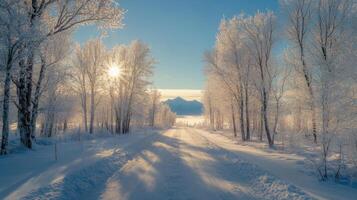 Beautiful winter landscape with snow-covered road and trees in hoarfrost. photo