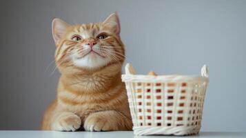 Cute ginger cat sitting on the floor and looking at the basket. photo