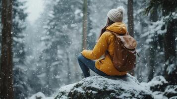 Woman wearing yellow jacket sitting on rock in snowy forest during winter snowfall. photo