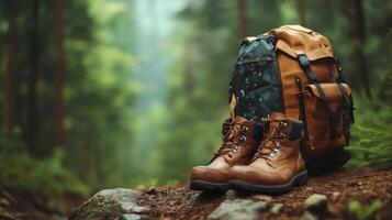 Hiking boots and backpack on the trail in the forest. Adventure and travel concept. photo