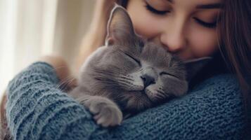 Young woman hug her cat at home, Pet lover. photo