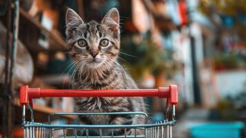 Cute tabby kitten sitting in shopping cart on blurred background. photo