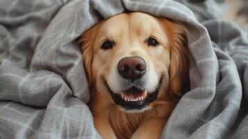 Cute Golden Retriever dog under blanket at home, closeup. photo