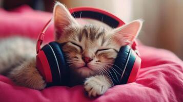 Cute little kitten with headphones lying on sofa at home. Adorable pet with headphones. photo