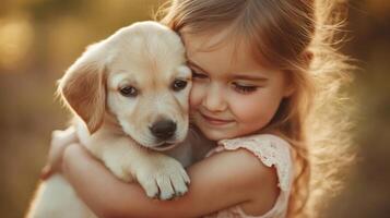 A little girl hug a puppy in her arms. photo