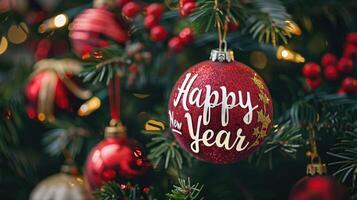 A festive Christmas tree decorated with red and gold baubles with the words Happy New Year written on it. The background glows with warm bokeh lights, adding a joyful festive mood to the New Year. photo