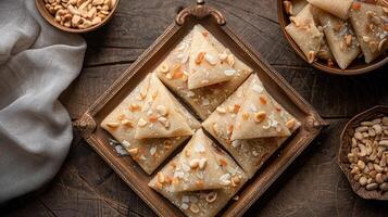 Top view of traditional Indian sweet Badam Katli or Barfi, Burfi with cashews and spices. Ideal for use in food blogs, recipe sites, Diwali festive content or food publications photo
