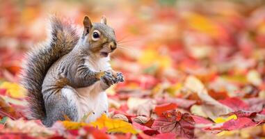 cute fluffy hungry squirrel with walnut in autumn park among yellow, red, orange foliage. Squirrel in habitat. Copy space photo