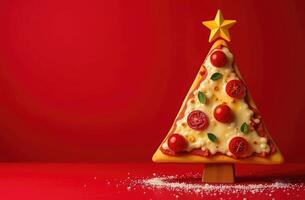 Creative Edible Christmas tree made from a slice of pizza with cheese, cherry tomatoes, basil leaves isolated on red background with copy space. Banner for menu and advertising of pizzeria restaurant photo