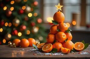 Creative Edible Christmas Tree Made of Fresh Oranges. Citrus Fruits in the Shape of a Christmas Tree on a Blurred Holiday Background. Delicious Fruit Card Merry Christmas and Happy New Year photo