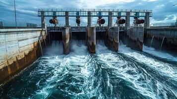 A hydroelectric dam with bubbling water flowing through turbines. Renewable energy generation. The modern design uses the power of water to generate electricity, with a dynamic flow of water below photo