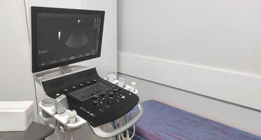 Modern ultrasound machine in a medical examination room, ready for diagnostic procedures. The display shows a real-time scan, with various probes and controls on the machine photo