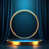 Golden podium with a round circle on a stage with blue curtains photo