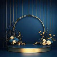 Golden round frame with flowers on blue background photo