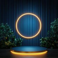 Round neon circle on stage with plants and blue background photo