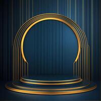 Golden stage with a circular arch on a blue background photo