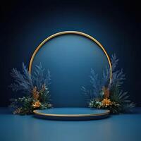 3d rendering of a stage with a golden circle and plants photo