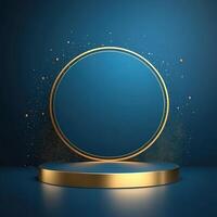 Gold podium with a round frame on a blue background photo