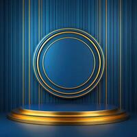 Gold podium with blue background and gold stripes photo