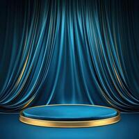 Stage with blue curtain and gold podium photo