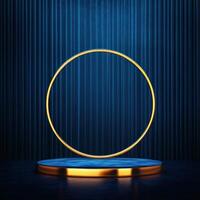 Golden ring on a podium with blue background photo