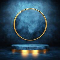 Golden podium with a circular frame on a dark background photo