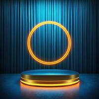 A neon ring on a stage with a curtain photo