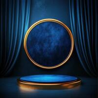 Round stage with blue velvet curtain and gold frame photo