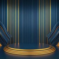 3d rendering of a stage with gold and blue stripes photo