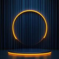 3d rendering of neon circle on stage with blue curtain photo