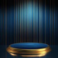 Gold podium with blue background and gold stripes photo