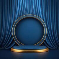 Blue stage with gold circle and curtain photo