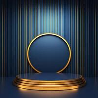 Gold podium with blue background and gold stripes photo