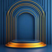 3d rendering of a stage with a golden arch photo